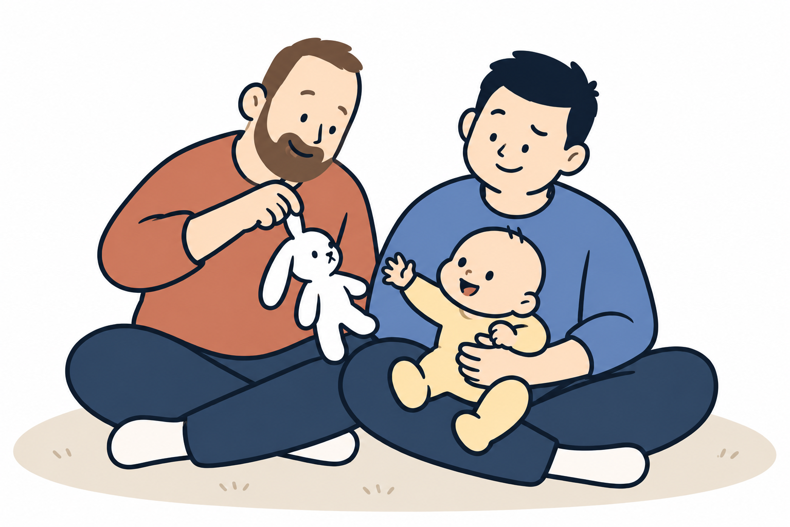 娘を抱くパパと、うさぎのぬいぐるみを手にしたパパのイラスト。